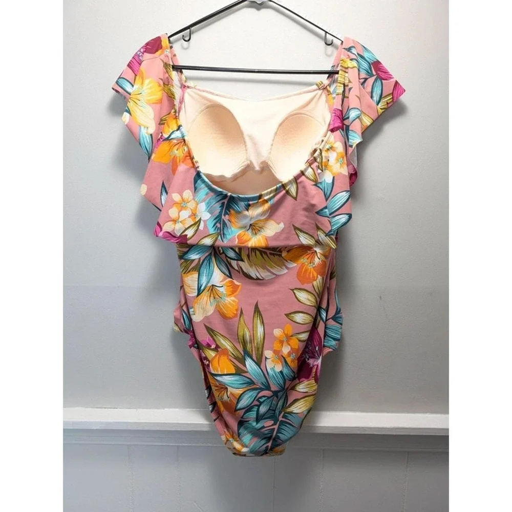 Kona Sol Pink Tropical One Piece Swimsuit Floral Ruffle Off The Shoulder XL